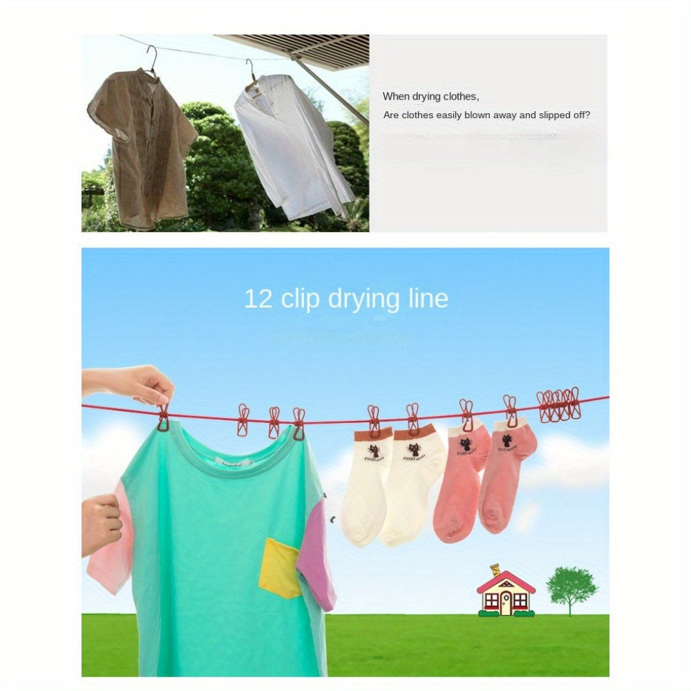 Stretchable Long Elastic Cloth Drying Rope With 12 Metal Clips Hangers Portable Clothes line for Travel/Home Small Places