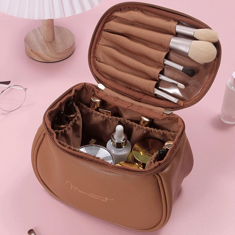 New Portable Women Makeup Bag PU Leather Large Travel Handbag Waterproof Storage Case Multifunction Toiletry Organizer
