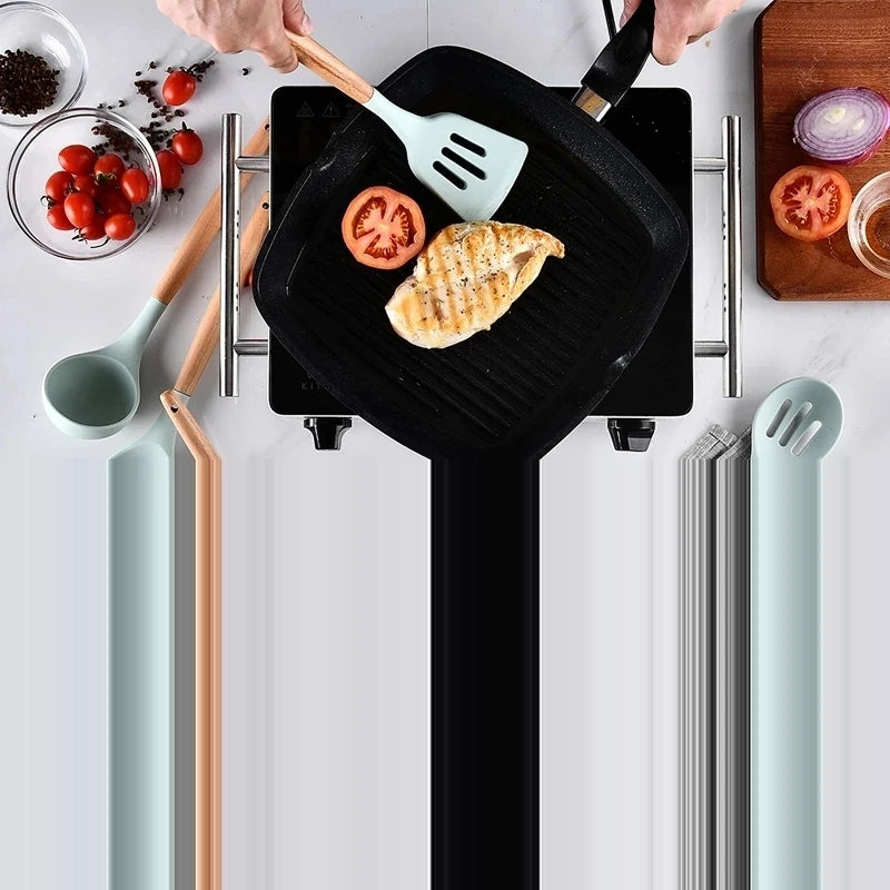 Silicone Kitchen Utensils Set Cooking Utensils Non-stick Cookware Spatula Shovel Egg Beaters Wooden Handle Kitchen Cooking Tool Sets