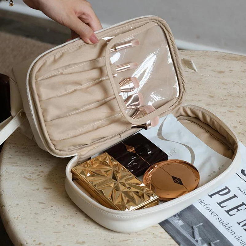 Toiletry Cosmetic Bag Soft Creamy Texture Travel Double Layer Large Capacity Makeup Bags For Women Toiletries Organizer Hangbag