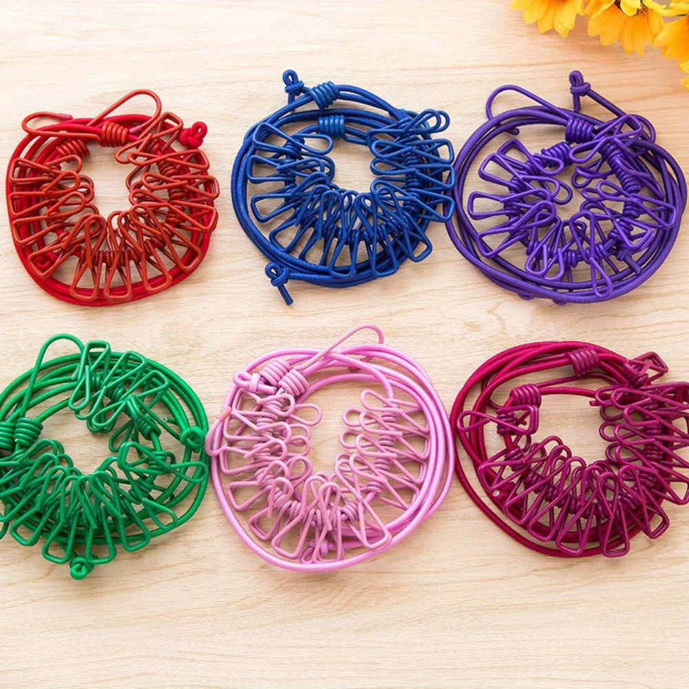 Stretchable Long Elastic Cloth Drying Rope With 12 Metal Clips Hangers Portable Clothes line for Travel/Home Small Places