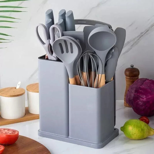 Silicone kitchen utensils set 19-pcs spoons-knifes-chopping board Silicone kitchenware set,19-piece cooking wooden handle scoop,non-stick pan multi-functional integrated knife storage bucket