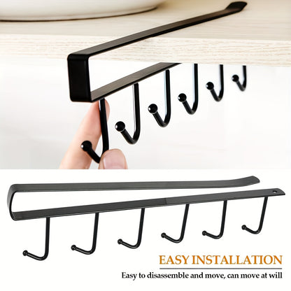 6 Metal Hook Under Cabinet Mug Holder 6-Hook - Iron Wall-Mounted Traceless Hook System - No Drill Adhesive/Screw Installation, Multi-Row Space-Saving Hanger, Wardrobe, Pantry - Holds Pots, Pans, Utensils, Spoons
