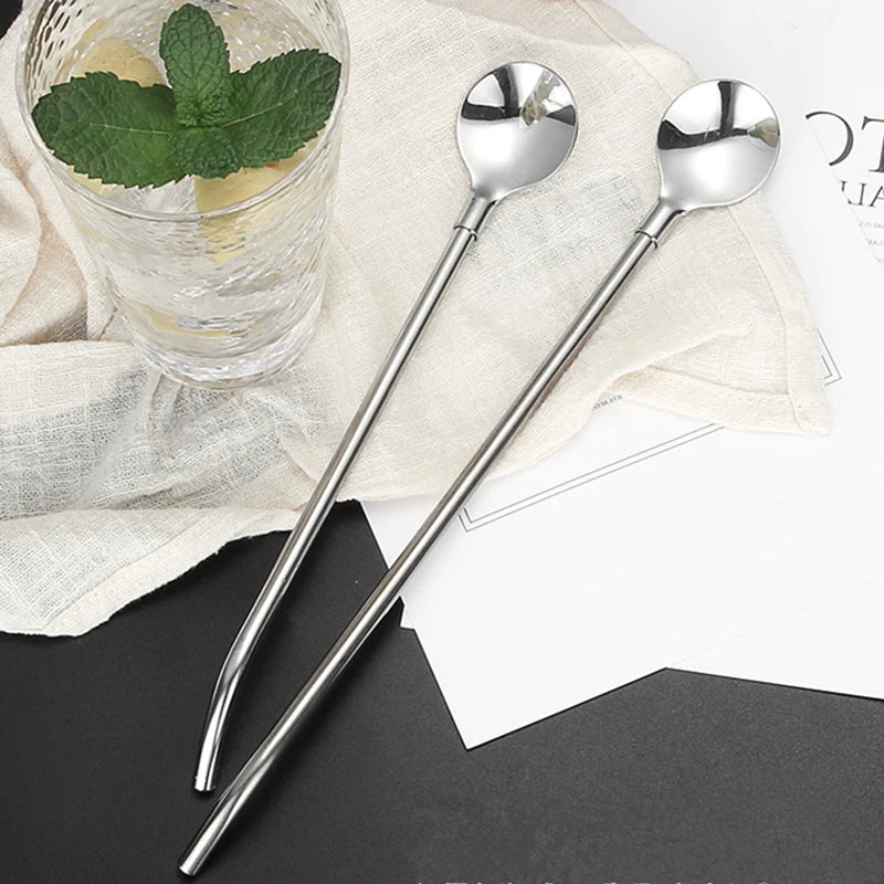 Stainless steel spoon with straw 4 pcs set reusable Long Straight Elbow Tube Straw Spoon Stainless Steel Silver Portable Coffee Teaspoon Kitchen Bar Drinking Accessories Dinnerware