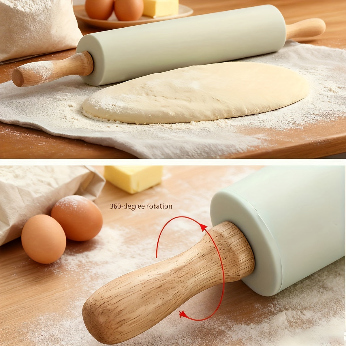 2pcs Silicone Baking Set | Healthy Non-Toxic, Rolling Mat + Rolling Pin, Special for Kneading & Rolling, Non-Slip, Non-Stick, Heat-Resistant, Easy to Store