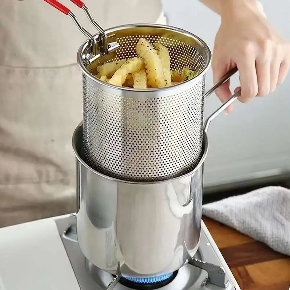 Stainless Steel Deep Fryer with Filter Cooking Pot Fried Chicken Frying Pan Cooking Tools Oil Filter Container 2 in 1-oil ki bachat
