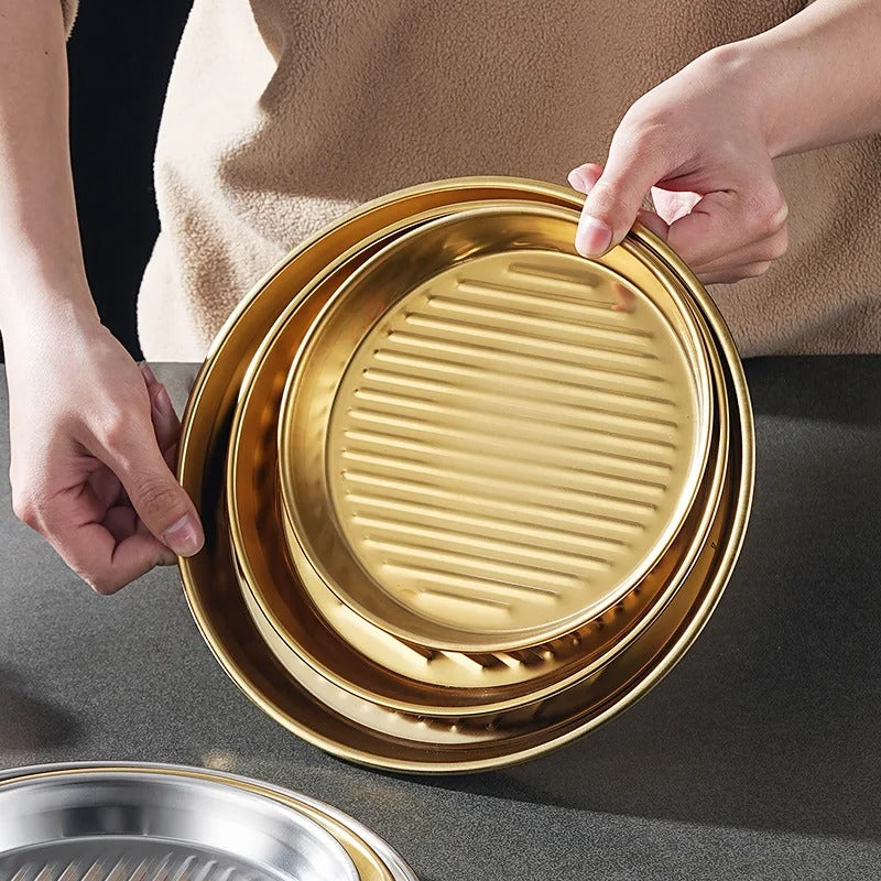 Golden pizza pan premium Quality - Pizza Pan Double Handle High Temperature Resistant Stackable Stainless Steel Mirror Polished Dinner Plate Kitchen Accessoriess Korea Creative Style