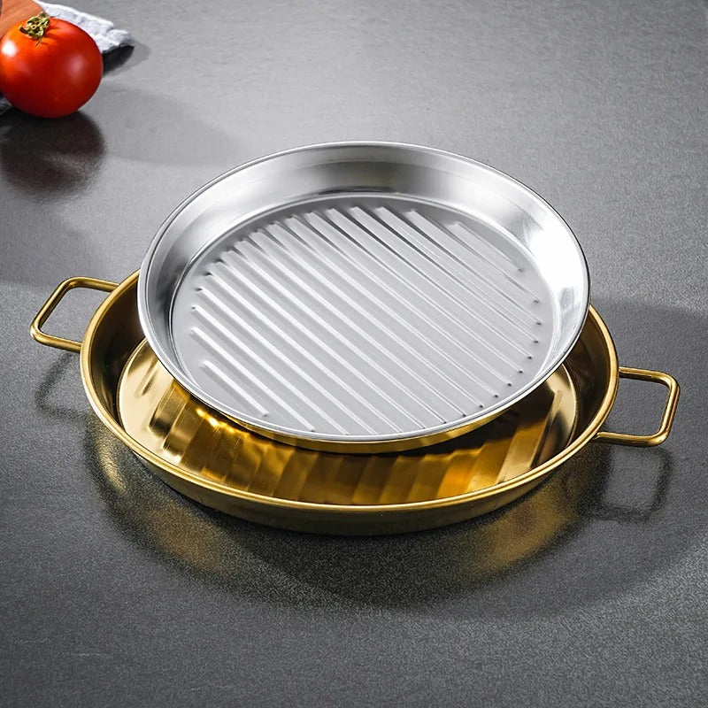 Golden pizza pan premium Quality - Pizza Pan Double Handle High Temperature Resistant Stackable Stainless Steel Mirror Polished Dinner Plate Kitchen Accessoriess Korea Creative Style