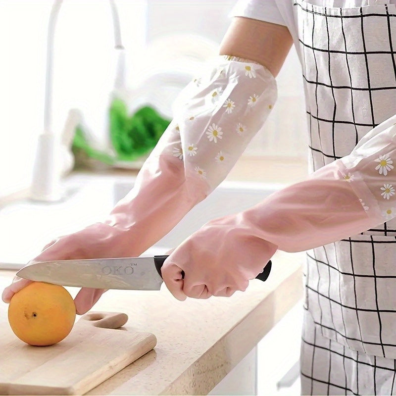 Long Latex Gloves Dishwashing Cleaning velvet Gloves Kitchen Waterproof Durable Rubber Clean Tool Interior Plush Silicone Glove