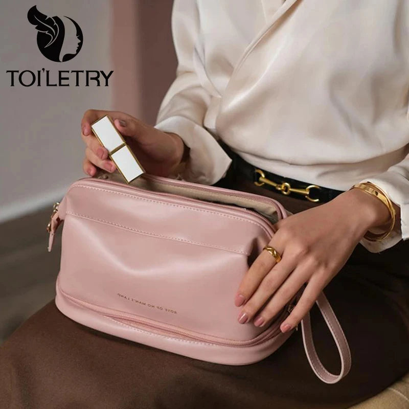 Toiletry Cosmetic Bag Soft Creamy Texture Travel Double Layer Large Capacity Makeup Bags For Women Toiletries Organizer Hangbag