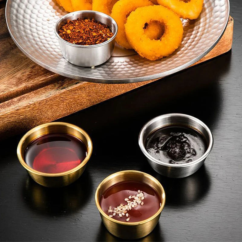 Golden sauce bowl premium quality . 7.3 cm . Reusable Stainless Steel Small Sauce Cup Seasoning Spice Dishes Ketchup Hot Pot Dipping Bowl Saucer Tableware Kitchen Supplies