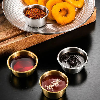 Golden sauce bowl premium quality . 7.3 cm . Reusable Stainless Steel Small Sauce Cup Seasoning Spice Dishes Ketchup Hot Pot Dipping Bowl Saucer Tableware Kitchen Supplies