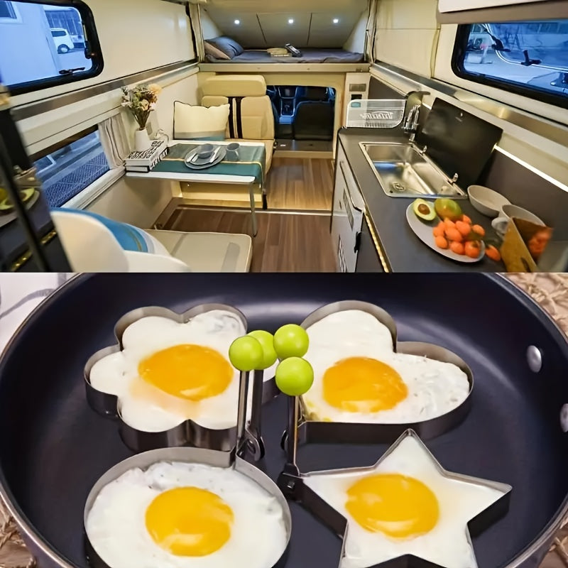 4pcs Heavy-Duty Stainless Steel Egg Molds Set with Heart, Star, Flower & Round Shapes - Non-Stick Baking Molds for Induction-Safe Omelets, Frittatas, Cakes, Pastries - Easy-Clean Egg Shapes for