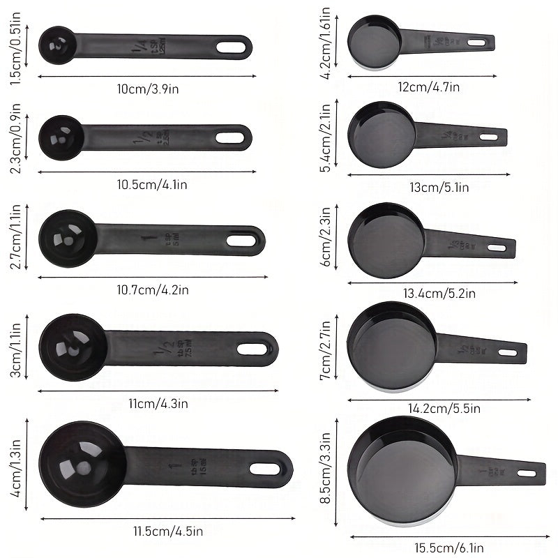10pcs Black Plastic Measuring Spoons Cups Measuring Set Tools For Baking Coffee