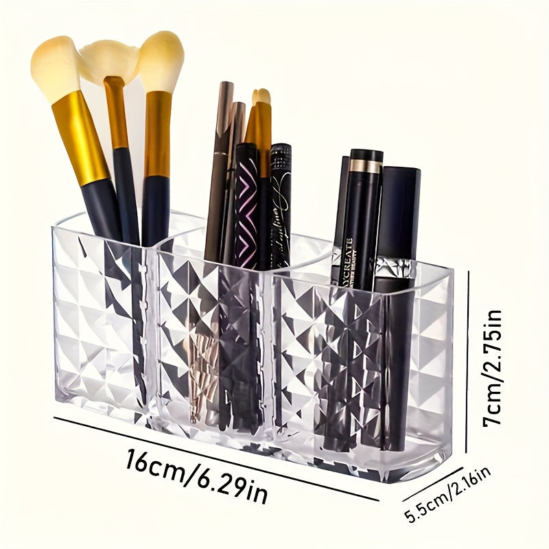Chic Diamond Pattern Acrylic Makeup Brush Holder - 3-Compartment Transparent Organizer for Pens, Eyebrow Pencils & Lipstick, Open Storage Bins for Home Organization
