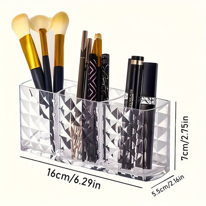 Chic Diamond Pattern Acrylic Makeup Brush Holder - 3-Compartment Transparent Organizer for Pens, Eyebrow Pencils & Lipstick, Open Storage Bins for Home Organization