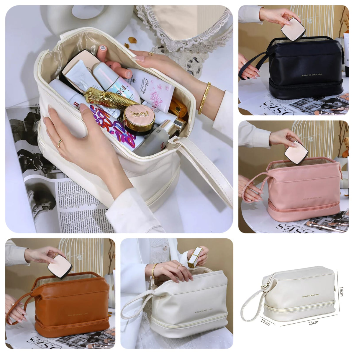 Toiletry Cosmetic Bag Soft Creamy Texture Travel Double Layer Large Capacity Makeup Bags For Women Toiletries Organizer Hangbag