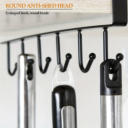 6 Metal Hook Under Cabinet Mug Holder 6-Hook - Iron Wall-Mounted Traceless Hook System - No Drill Adhesive/Screw Installation, Multi-Row Space-Saving Hanger, Wardrobe, Pantry - Holds Pots, Pans, Utensils, Spoons