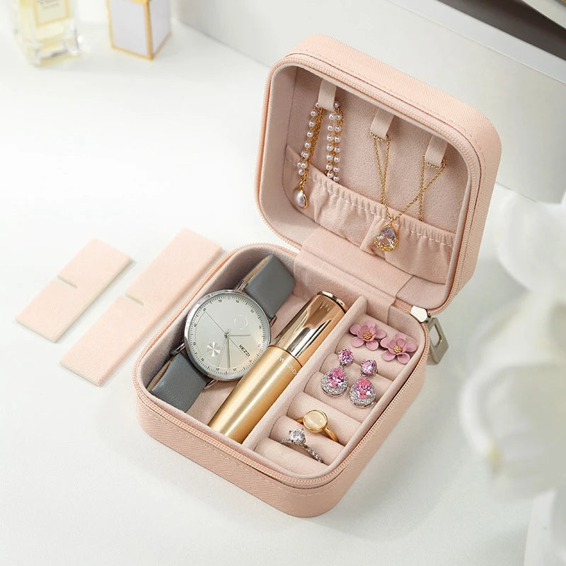 Mini Jewelry Organizer Display Travel Jewelry Zipper Case Boxes Earrings Necklace Ring Portable Jewelry Box Leather Storage