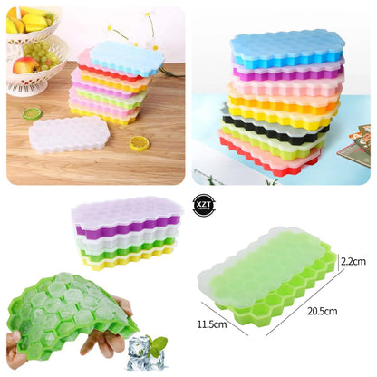 Silicone Ice cube Tray with plastic lid Easy Push Pop Out Square Silicon Ice Cubes Tray Honeycomb Shape Silicone Ice Cube Molds with Lid Flexible Tray for Refrigerator And Freezer