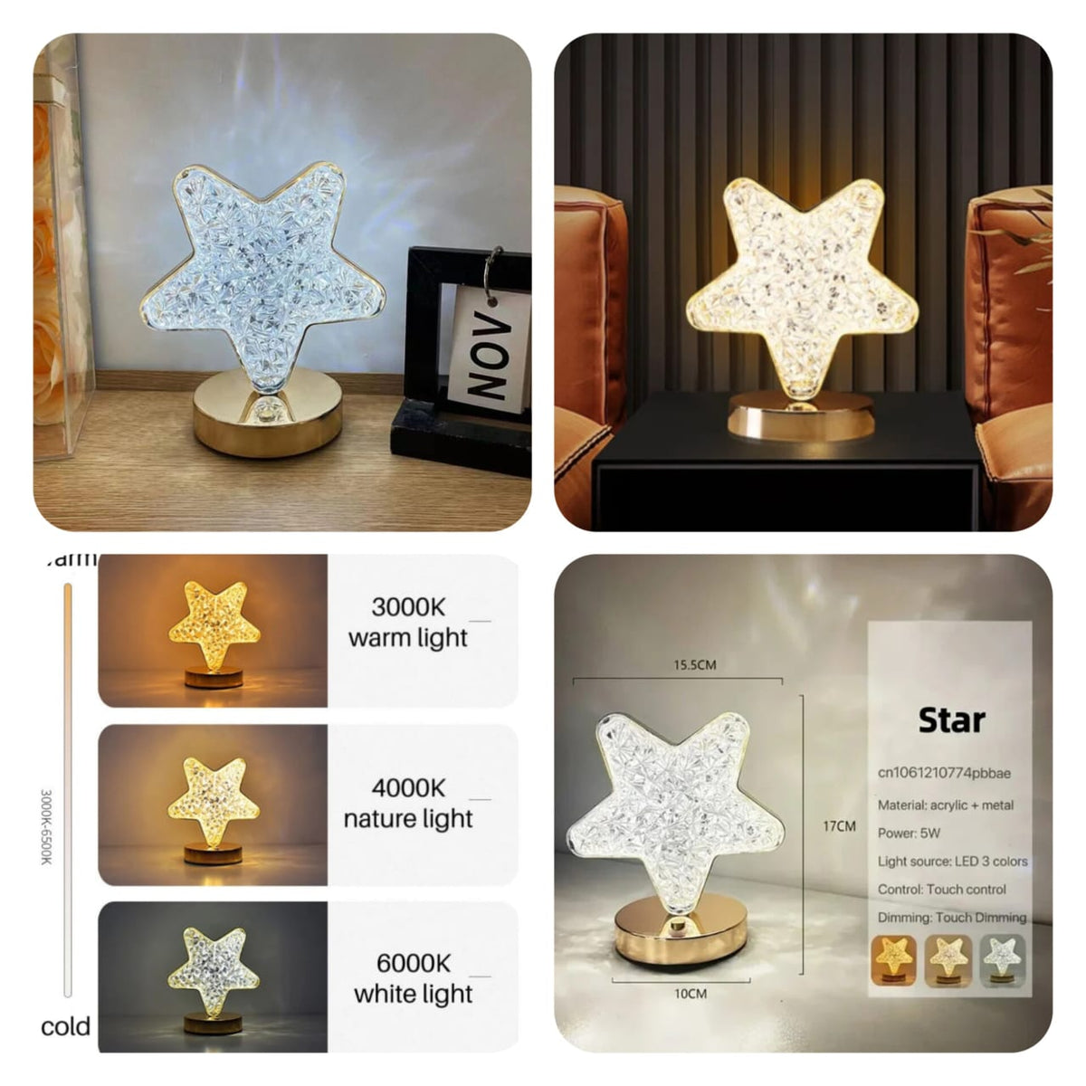 Rechargeable LED Night Light Stars Shape, Decorative Light by Niken Iron, Ideal for a Child's or a Girl's Bedroom