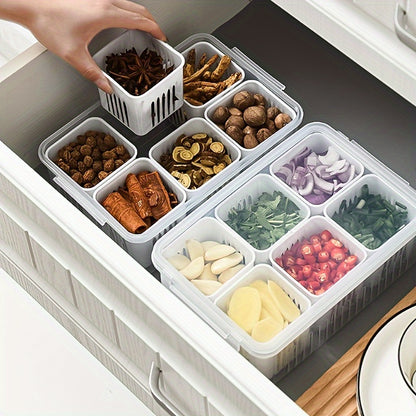 Freshseal Stackable Container – Multi-Use Airtight Storage for Onion/Garlic - PP Material, Drainage Divider - Fresh Keeping Box 6 Portion