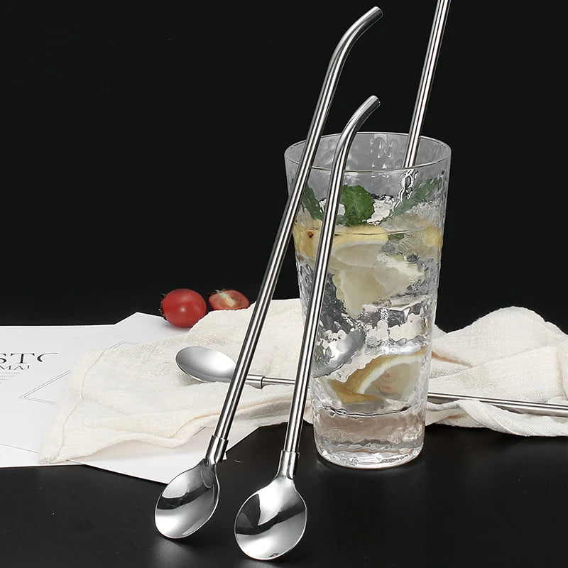 Stainless steel spoon with straw 4 pcs set reusable Long Straight Elbow Tube Straw Spoon Stainless Steel Silver Portable Coffee Teaspoon Kitchen Bar Drinking Accessories Dinnerware