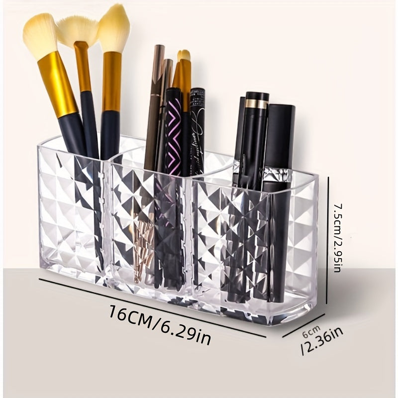 Chic Diamond Pattern Acrylic Makeup Brush Holder - 3-Compartment Transparent Organizer for Pens, Eyebrow Pencils & Lipstick, Open Storage Bins for Home Organization