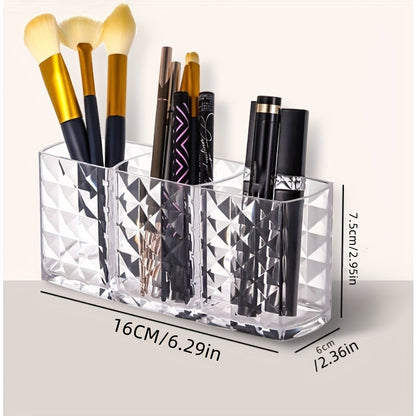 Chic Diamond Pattern Acrylic Makeup Brush Holder - 3-Compartment Transparent Organizer for Pens, Eyebrow Pencils & Lipstick, Open Storage Bins for Home Organization