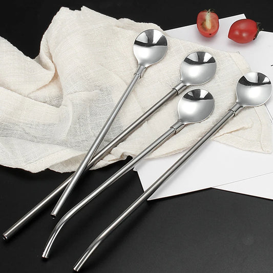Stainless steel spoon with straw 4 pcs set reusable Long Straight Elbow Tube Straw Spoon Stainless Steel Silver Portable Coffee Teaspoon Kitchen Bar Drinking Accessories Dinnerware