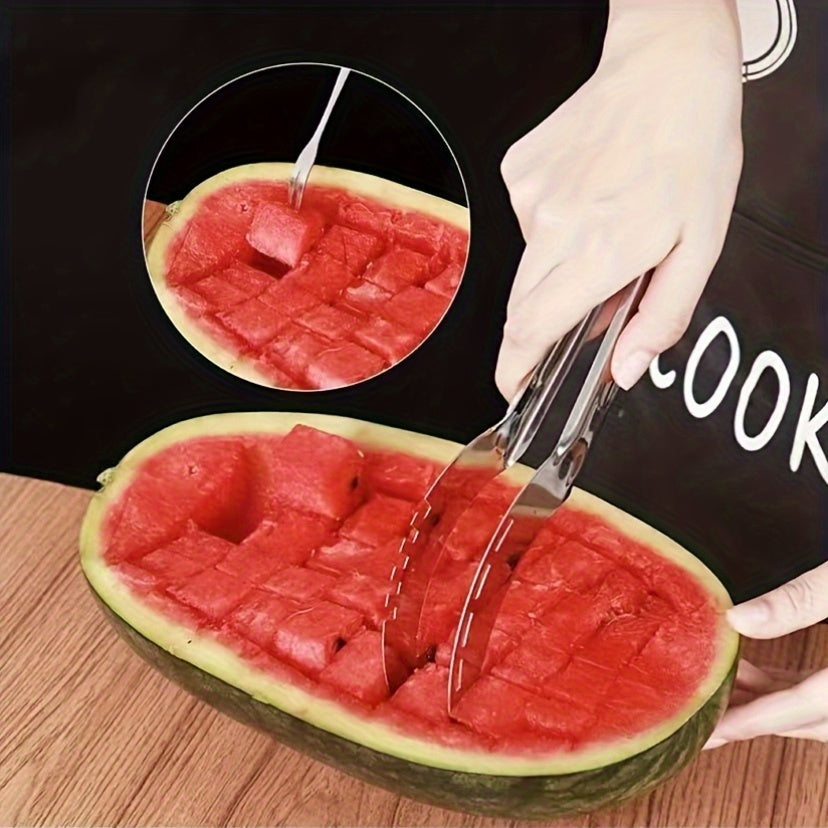 1 Watermelon Slicer, Stainless Steel Watermelon Chunk Slicer Fast Safe Watermelon Knife, Fast Safe Watermelon Cutter - Stainless Steel Fruit Salad And Melon Cube Cutter - Kitchen Gadgets And Additions