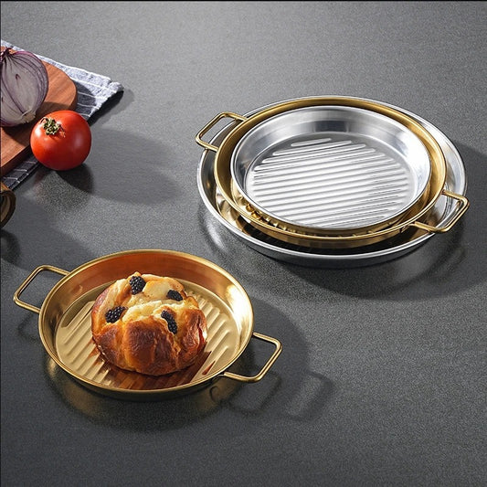 Golden pizza pan premium Quality - Pizza Pan Double Handle High Temperature Resistant Stackable Stainless Steel Mirror Polished Dinner Plate Kitchen Accessoriess Korea Creative Style