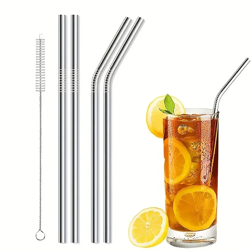 Pack of 5 Stainless Steel Metal Straws with Cleaning Brush, Reusable, Food-Grade, Polished Finish, Perfect for Eid, Parties , Picnic , Thanksgiving, Mother'S Day