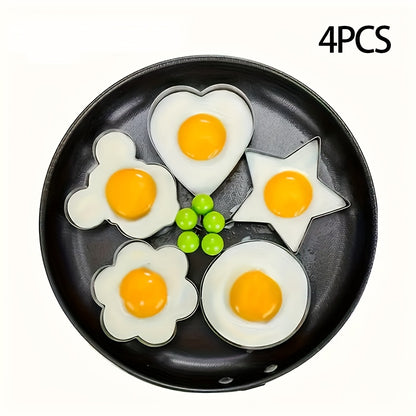 4pcs Heavy-Duty Stainless Steel Egg Molds Set with Heart, Star, Flower & Round Shapes - Non-Stick Baking Molds for Induction-Safe Omelets, Frittatas, Cakes, Pastries - Easy-Clean Egg Shapes for