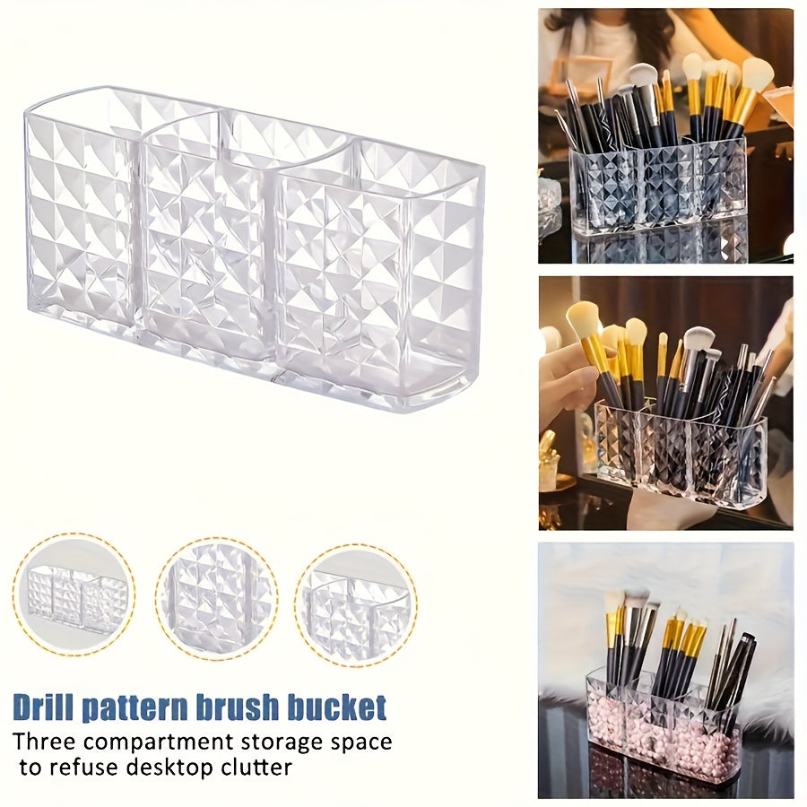 Chic Diamond Pattern Acrylic Makeup Brush Holder - 3-Compartment Transparent Organizer for Pens, Eyebrow Pencils & Lipstick, Open Storage Bins for Home Organization