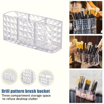 Chic Diamond Pattern Acrylic Makeup Brush Holder - 3-Compartment Transparent Organizer for Pens, Eyebrow Pencils & Lipstick, Open Storage Bins for Home Organization