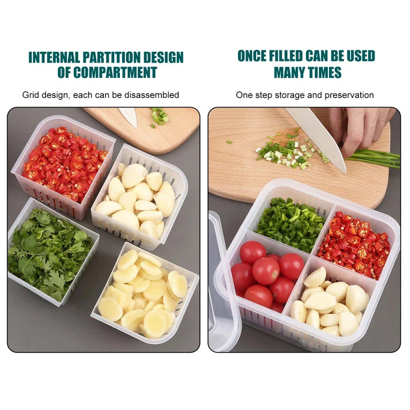 Double Layer Refrigerator Storage Box, Double Layer, Vegetable, Fruit, Fresh, Drain Basket, Refrigerator, Food Containers, Drain, Crisper, 4 Grids