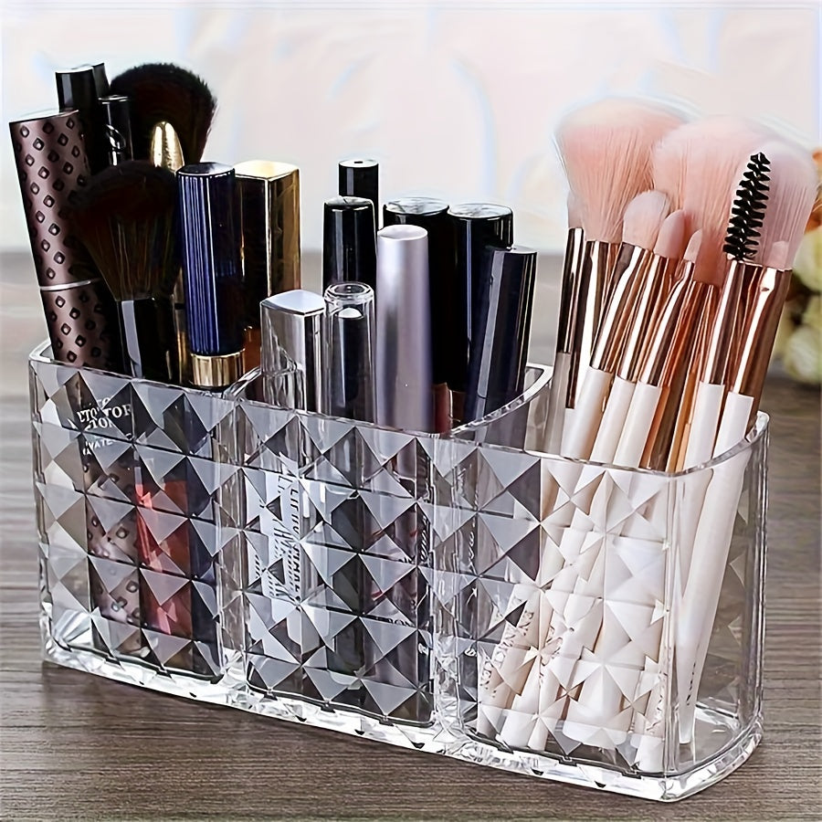 Chic Diamond Pattern Acrylic Makeup Brush Holder - 3-Compartment Transparent Organizer for Pens, Eyebrow Pencils & Lipstick, Open Storage Bins for Home Organization