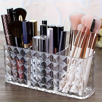 Chic Diamond Pattern Acrylic Makeup Brush Holder - 3-Compartment Transparent Organizer for Pens, Eyebrow Pencils & Lipstick, Open Storage Bins for Home Organization
