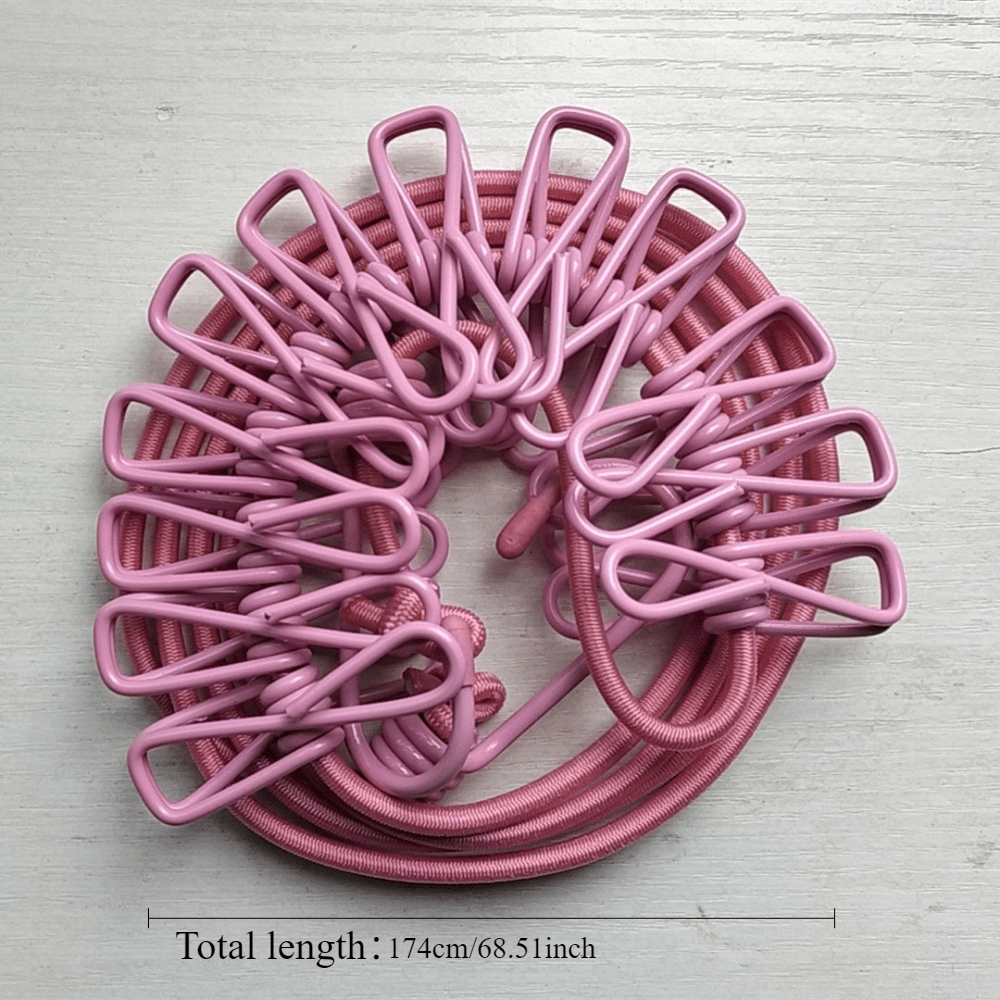 Stretchable Long Elastic Cloth Drying Rope With 12 Metal Clips Hangers Portable Clothes line for Travel/Home Small Places