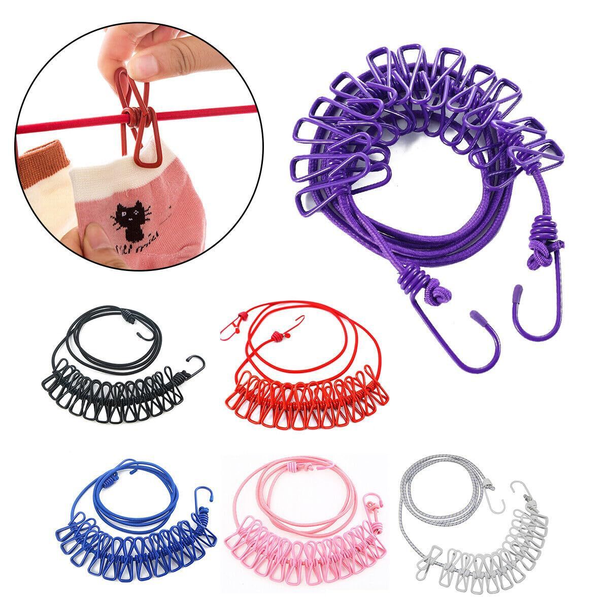 Stretchable Long Elastic Cloth Drying Rope With 12 Metal Clips Hangers Portable Clothes line for Travel/Home Small Places