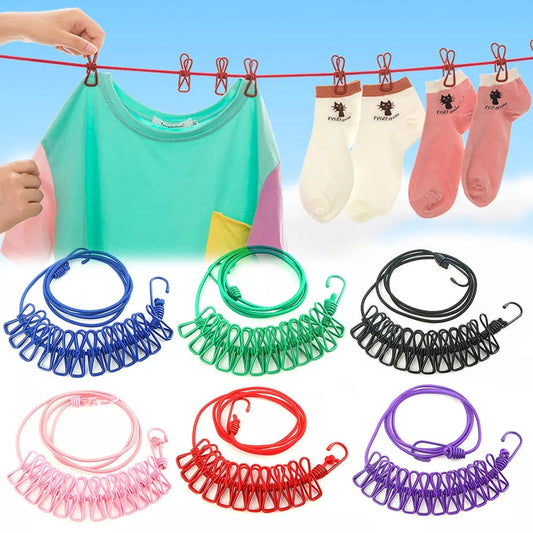 Multifunction Portable Drying Rope with 12 Clips & 2 Hooks