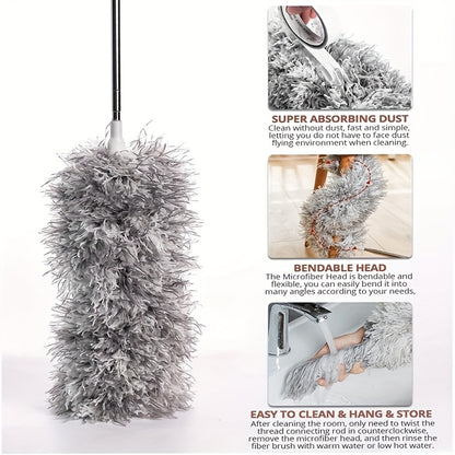 Flexible Grey Mop with Long Rod for Cleaning Hard-to-Reach Areas - Adjustable And Flexible Microfiber Duster - Washable, Reusable Cleaning Tool for High Ceilings, Furniture, And Cars. A Duster for Cleaning., Dusting Furniture, Household Dusting, Lightweig