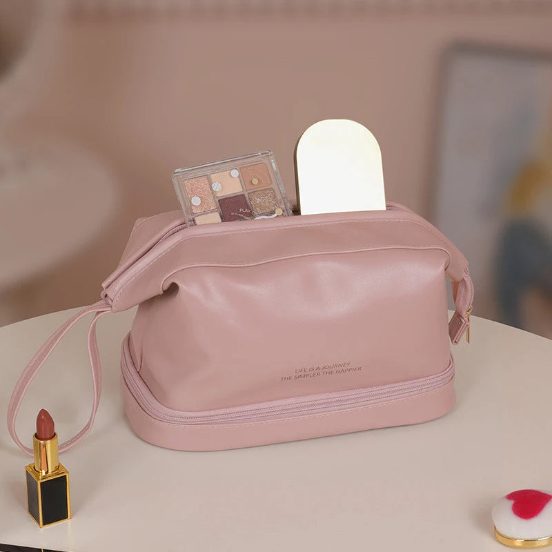 Toiletry Cosmetic Bag Soft Creamy Texture Travel Double Layer Large Capacity Makeup Bags For Women Toiletries Organizer Hangbag