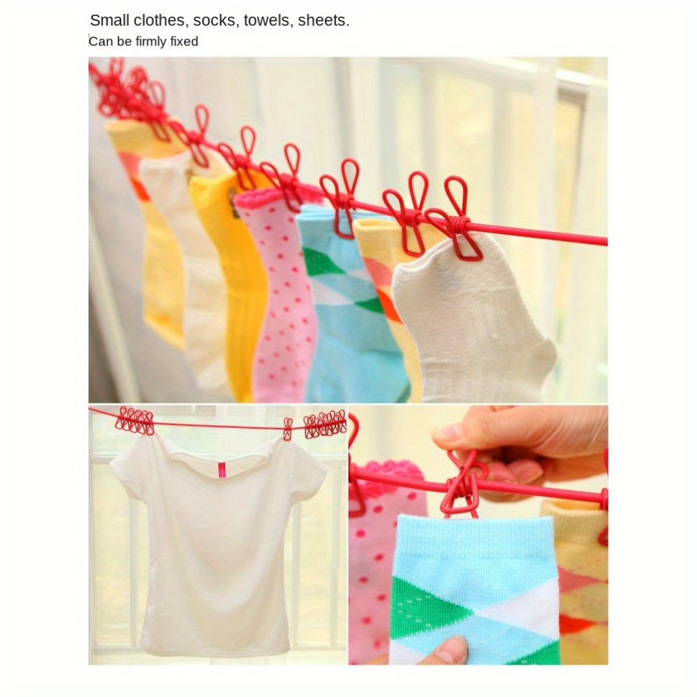 Stretchable Long Elastic Cloth Drying Rope With 12 Metal Clips Hangers Portable Clothes line for Travel/Home Small Places