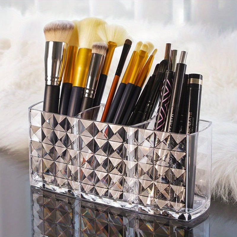 Chic Diamond Pattern Acrylic Makeup Brush Holder - 3-Compartment Transparent Organizer for Pens, Eyebrow Pencils & Lipstick, Open Storage Bins for Home Organization