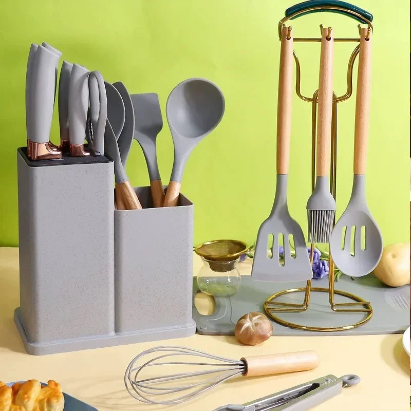 Silicone kitchen utensils set 19-pcs spoons-knifes-chopping board Silicone kitchenware set,19-piece cooking wooden handle scoop,non-stick pan multi-functional integrated knife storage bucket