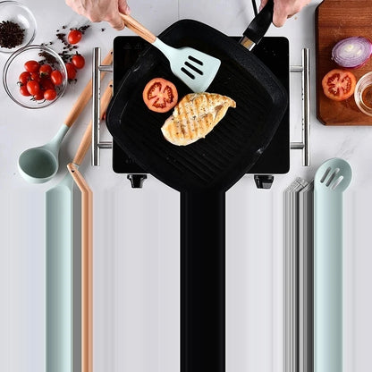 Silicone Kitchen Utensils Set Cooking Utensils Non-stick Cookware Spatula Shovel Egg Beaters Wooden Handle Kitchen Cooking Tool Sets
