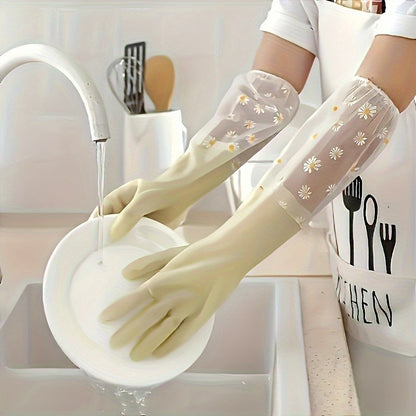 Long Latex Gloves Dishwashing Cleaning velvet Gloves Kitchen Waterproof Durable Rubber Clean Tool Interior Plush Silicone Glove