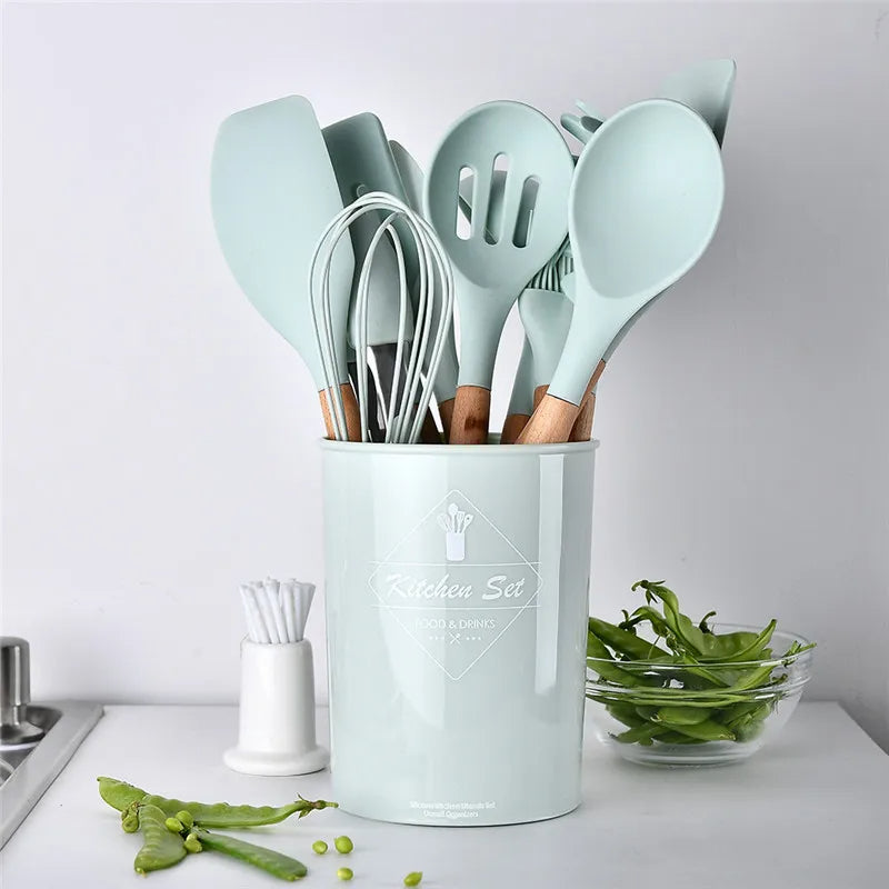 Silicone Kitchen Utensils Set Cooking Utensils Non-stick Cookware Spatula Shovel Egg Beaters Wooden Handle Kitchen Cooking Tool Sets